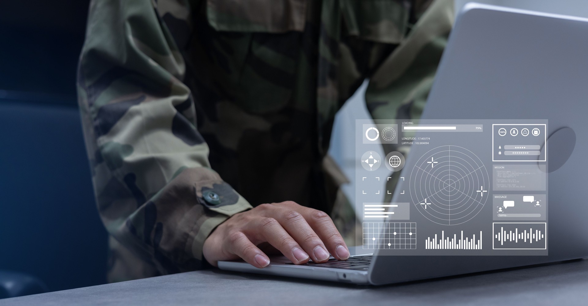soldier man hand click on laptop to use program of radar and radio aviation for test system of tracking and defense at the dark control room center in monitor station for military technology concept